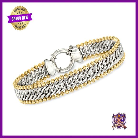 Sterling Silver 18kt Gold Overlay Cuban Link Bead Bracelet 7 Inch